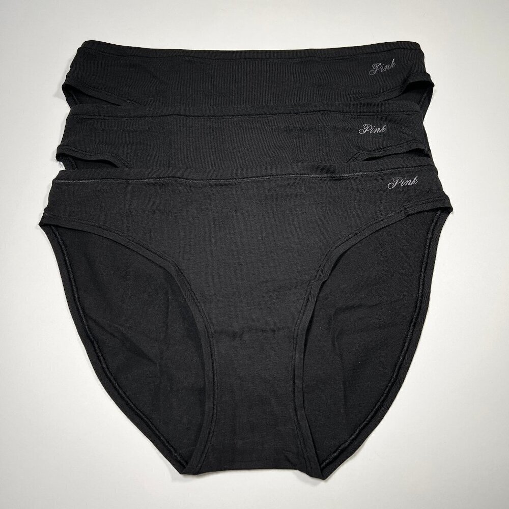 Victoria Secret Pink Large L Bikini Panties Logo Cotton Blend Black Lot of 3